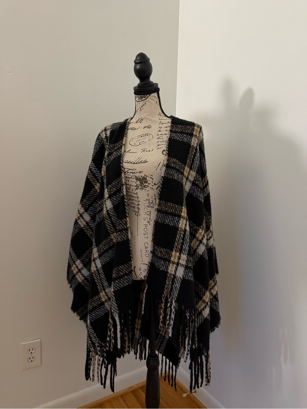 Black Plaid Fringe Open Front Poncho